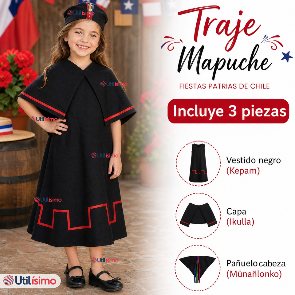 Traje Típico Vestido Mapuche 3 Piezas Niña Fechas Patrias