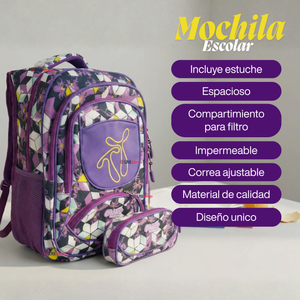 Mochila Escolar Bolso Con Estuche 43Cm Tela Oxford Niña Beautiful Flowers