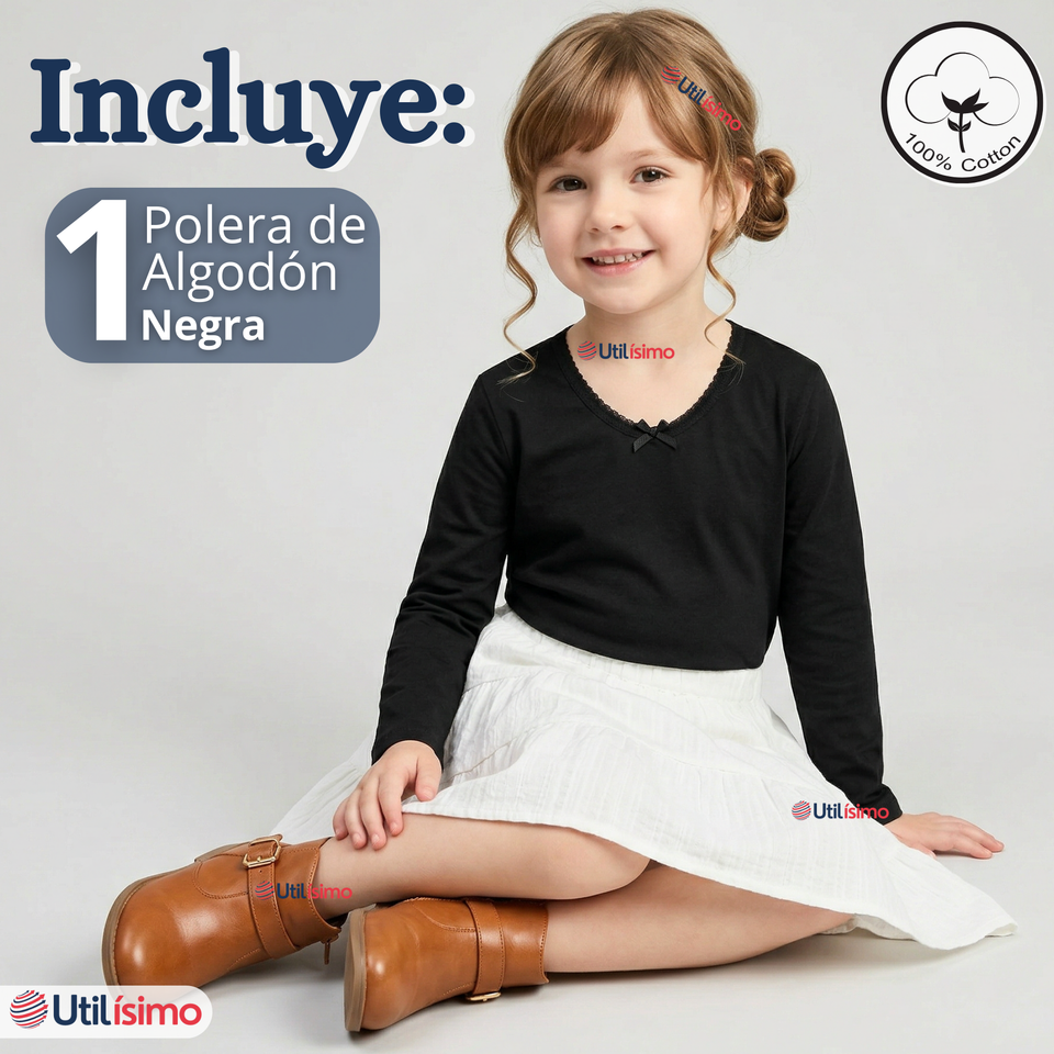 Camiseta Polera Algodón Cuello Redondo Negra Primera Capa Manga Larga Niña