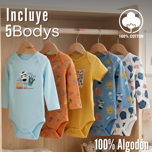Pack 5 Bodys Manga Larga 100% Algodón Bebé Niño Friendly Safari