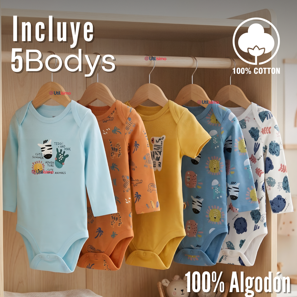 Pack 5 Bodys Manga Larga 100% Algodón Bebé Niño Friendly Safari