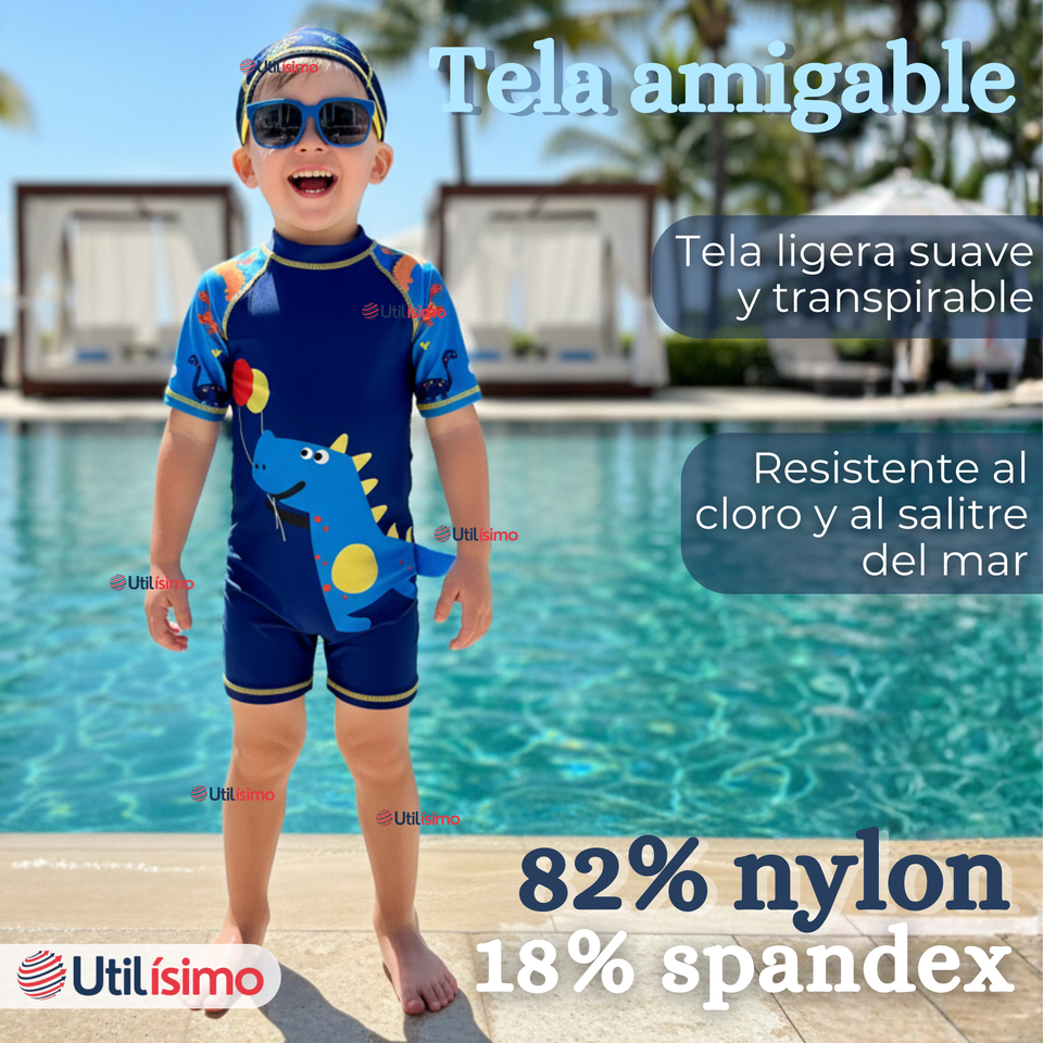 Traje de Baño Enterito Cremallera Manga Corta Con Gorro Niño 2 a 4 años Blue Dinosaur