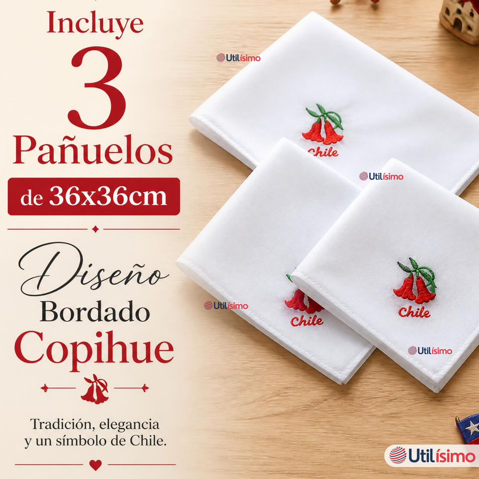 Pack 3 Pañuelos Baile Cueca 36cm Bordado Flor Copihue Algodón Fiestas Patrias