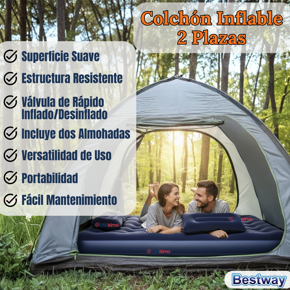 Colchón Inflable 2 Plazas Camping Más Inflador Y Dos Almohadas Bestway