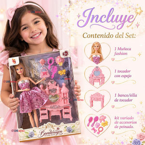 Juguete Muñeca Fashion Articulada Tocador y Accesorios