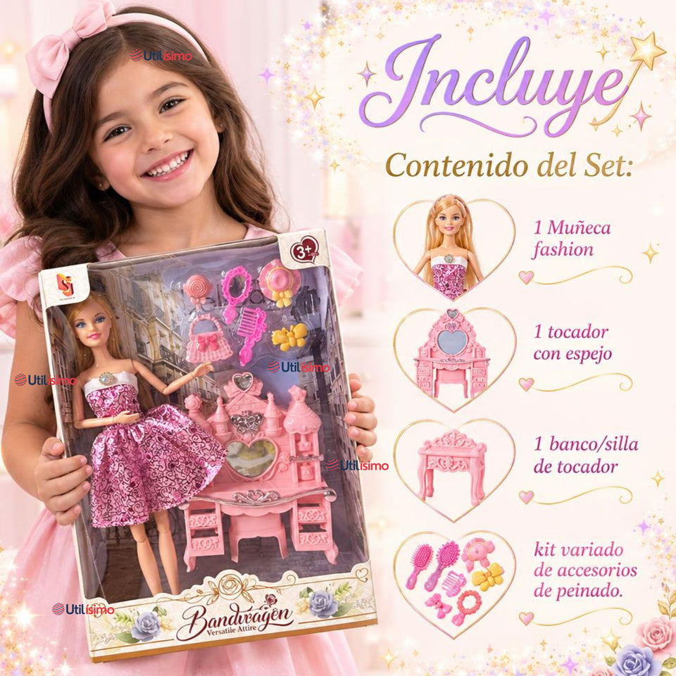 Juguete Muñeca Fashion Articulada Tocador y Accesorios