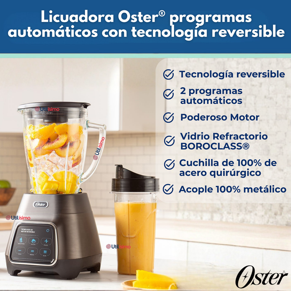 Licuadora Oster® programas automáticos con tecnología reversible, pantalla táctil y vaso BLend-N-Go BLSTPYG1312XBG