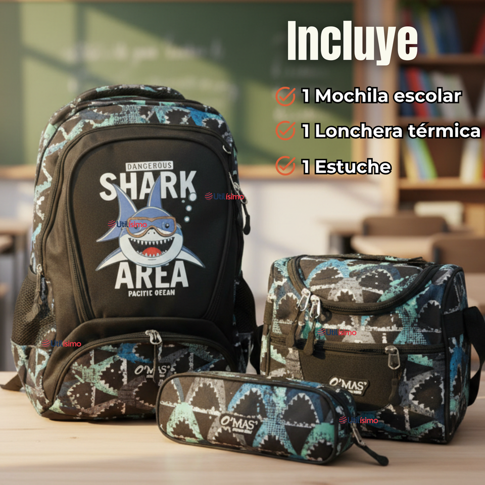 Mochila Escolar Kit Con Estuche y Lonchera 43cm Tela Oxford Baby Shark Niño