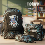 Mochila Escolar Kit Con Estuche y Lonchera 43cm Tela Oxford Baby Shark Niño