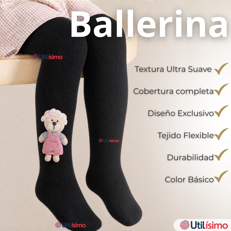 Panty 3D Osito Negro Tejida Niña Ballerina 78% Algodón Premium