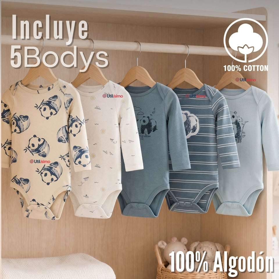Pack 5 Bodys Manga Larga 100% Algodón Tedmimak Sweet Nature Bebé Niño