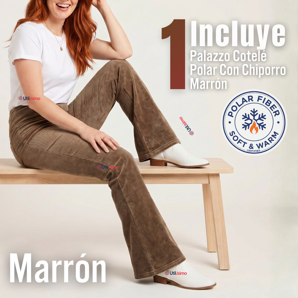 Pantalón Cotelé Palazzo Polar Con Chiporro Elasticado Térmico Café