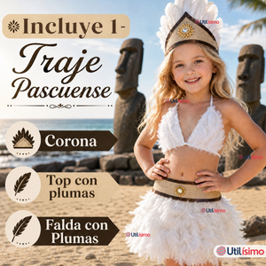 Traje Pascuense Típico Blanco Con Plumas 3 Piezas Niña Rapa Nui Fiestas Patrias
