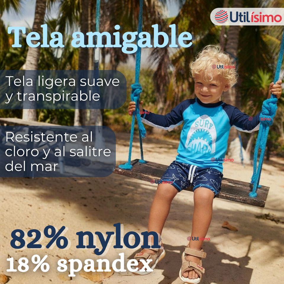 Traje de Baño Manga Larga Pantalón Corto 2 Piezas Corte Split Niño 3 a 9 años Blue Shark