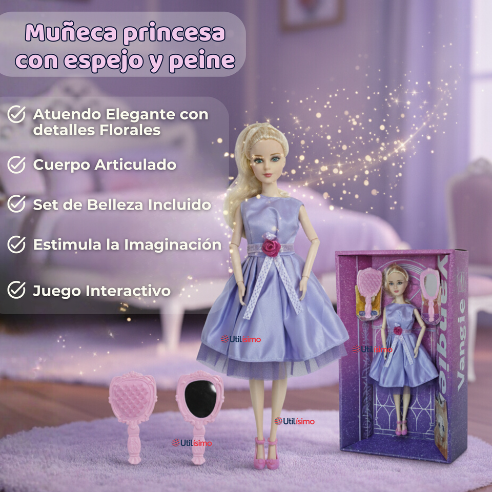 Set de Juego Muñeca Princesa Con Espejo Y Peine