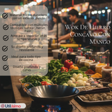 Sartén Wok De Hierro Concavo Con Mango 34cm Plateado