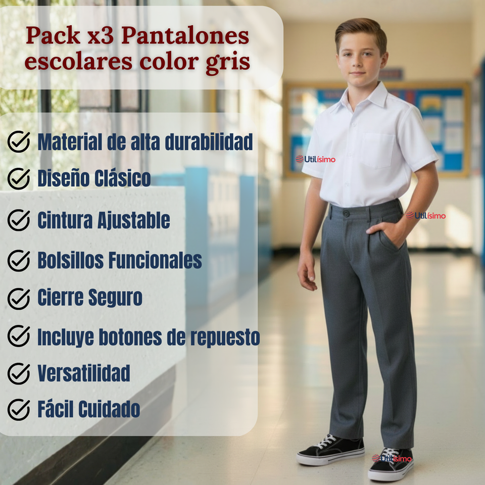 Pack 3 Pantalón Escolar Colegio Clásico Niño Gris