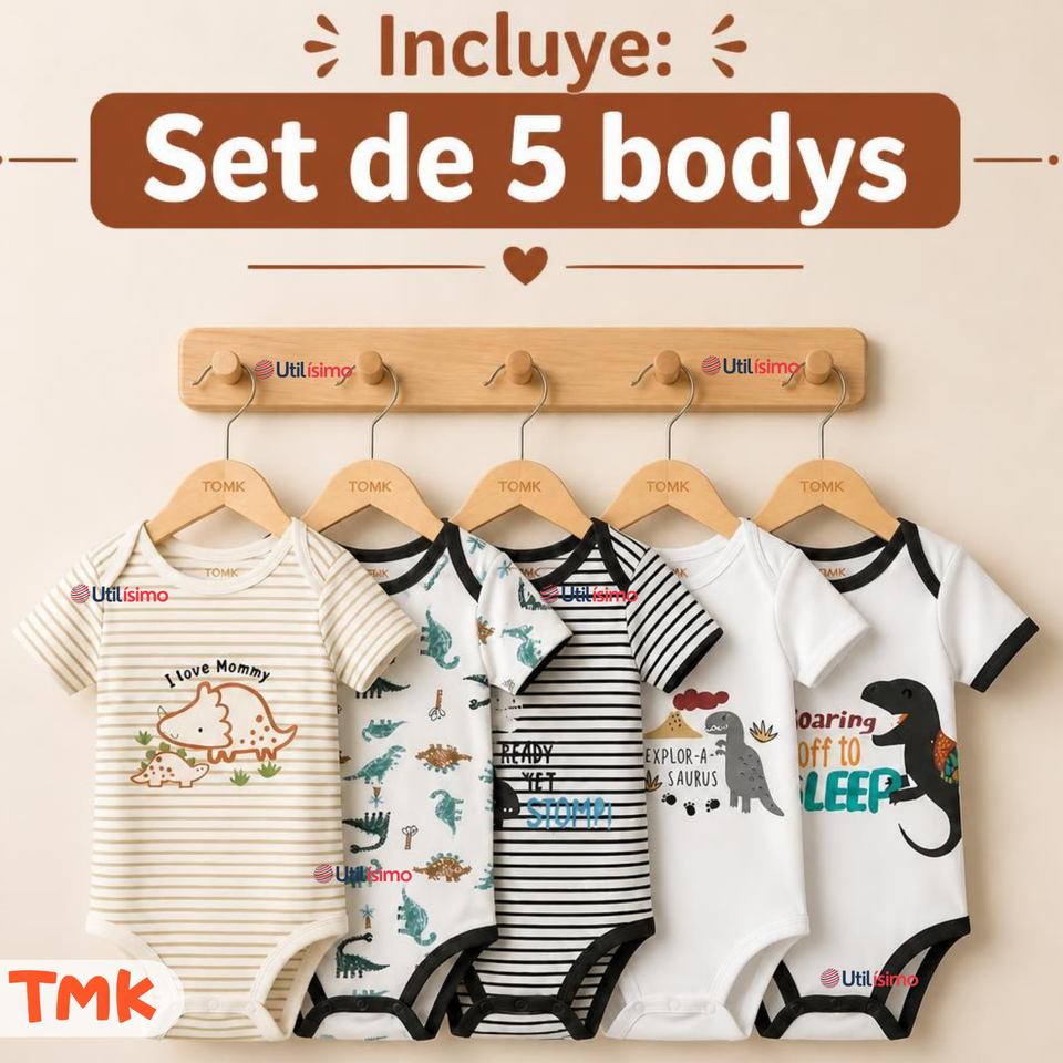 Pack 5 Bodys Manga Corta %100 Algodón Tedmimak Niño Dino Explorer