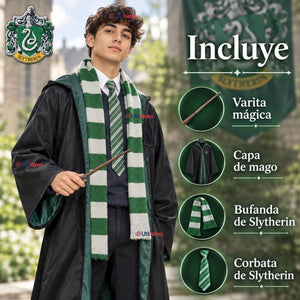 Disfraz Mago Verde Con Capa + Bufanda + Corbata + Varita Slytherin Juvenil