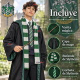 Disfraz Mago Verde Con Capa + Bufanda + Corbata + Varita Slytherin Juvenil