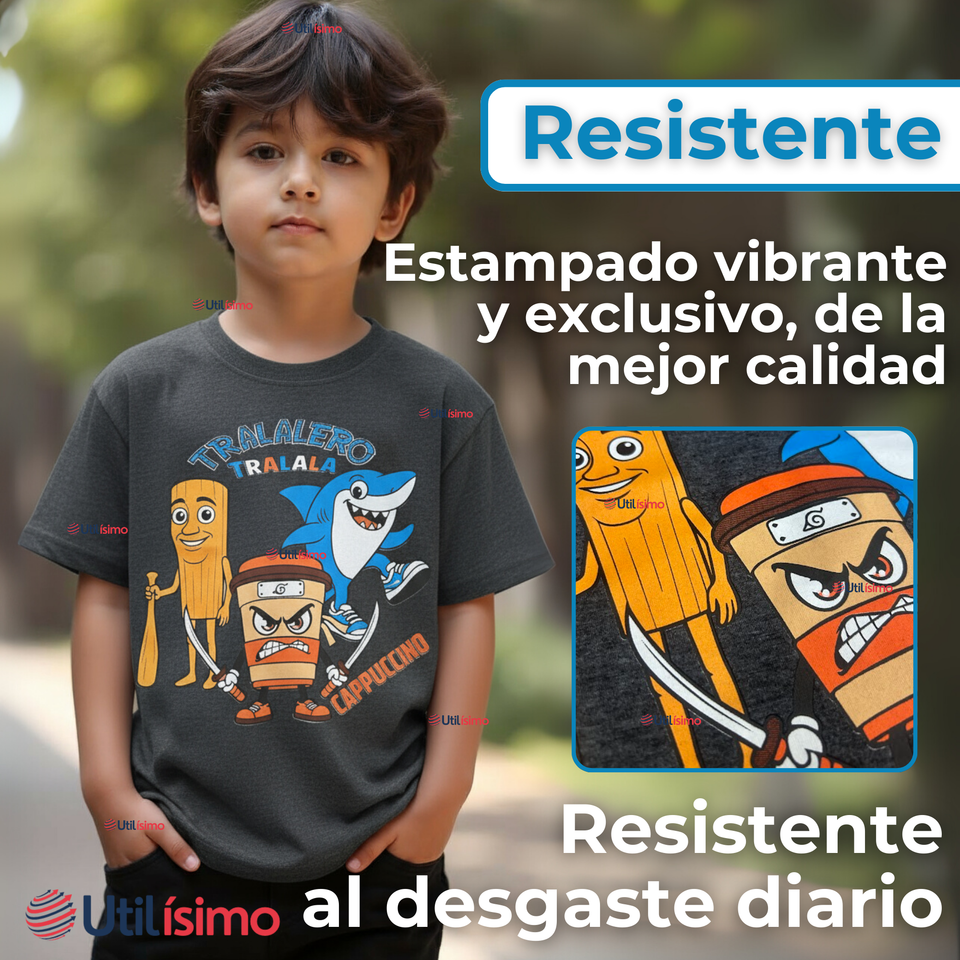 Polera Brainrots 100% Algodón Manga Corta Niño Tralalero Gris Oscuro