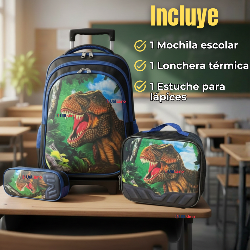 Mochila Escolar Con Ruedas + Estuche + Lonchera Poliéster Dinosaurio Niño