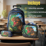 Mochila Escolar Con Ruedas + Estuche + Lonchera Poliéster Dinosaurio Niño