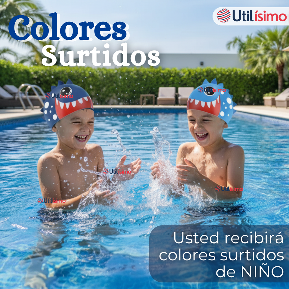 Gorro Gorra Natación Baño Diseño Tiburón Silicona Colores Surtidos 3 años En Adelante Niño