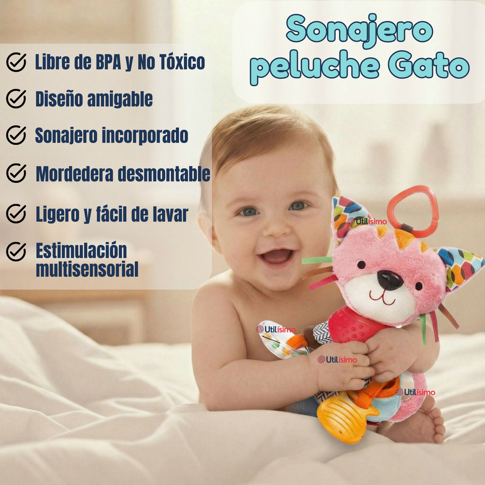 Juguete Peluche Animales Sensorial Con Mordedor Y Sonajero Diseño Gatico Niña y Niño