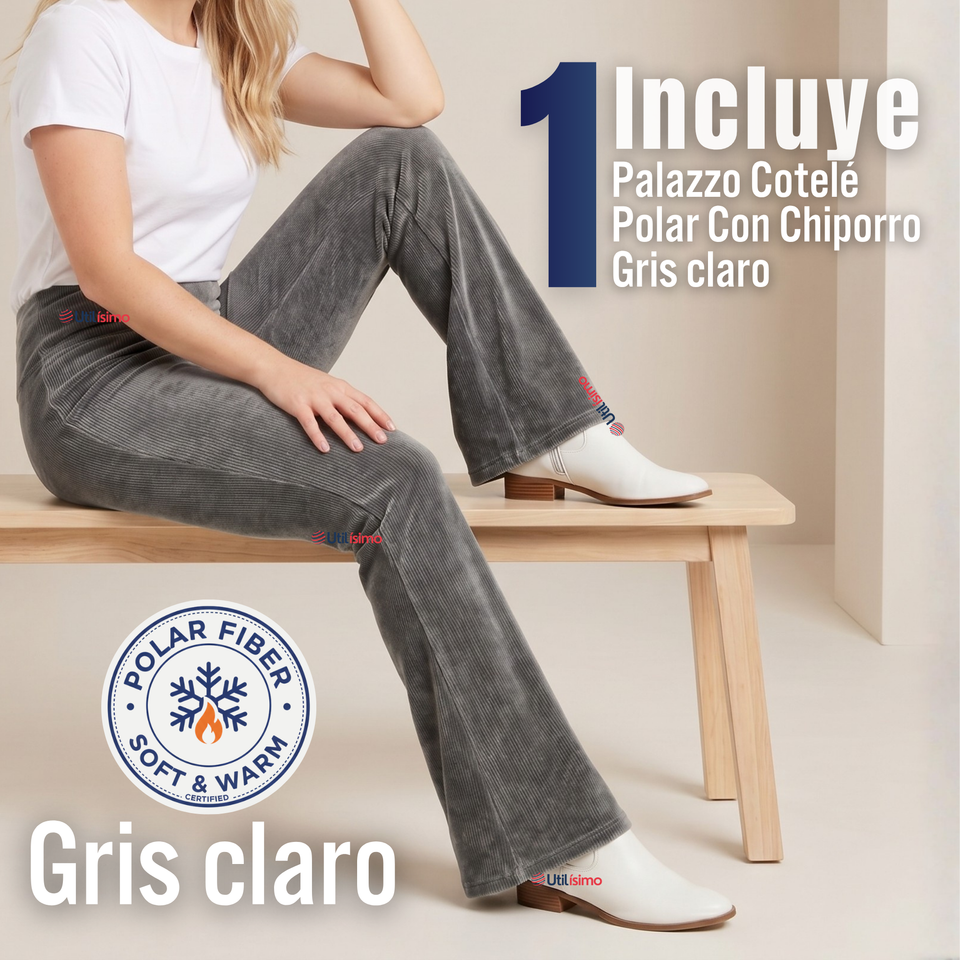 Pantalón Cotelé Palazzo Polar Con Chiporro Elasticado Térmico Gris Melange