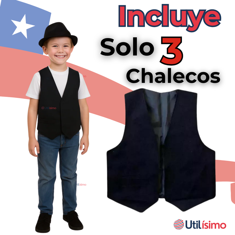 Pack 3 Chaleco Bolero Nortino Niño Fiestas Patrias Negro