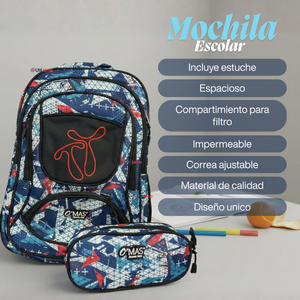 Mochila Escolar Bolso Con Estuche 43Cm Tela Oxford Niño Design Geometric