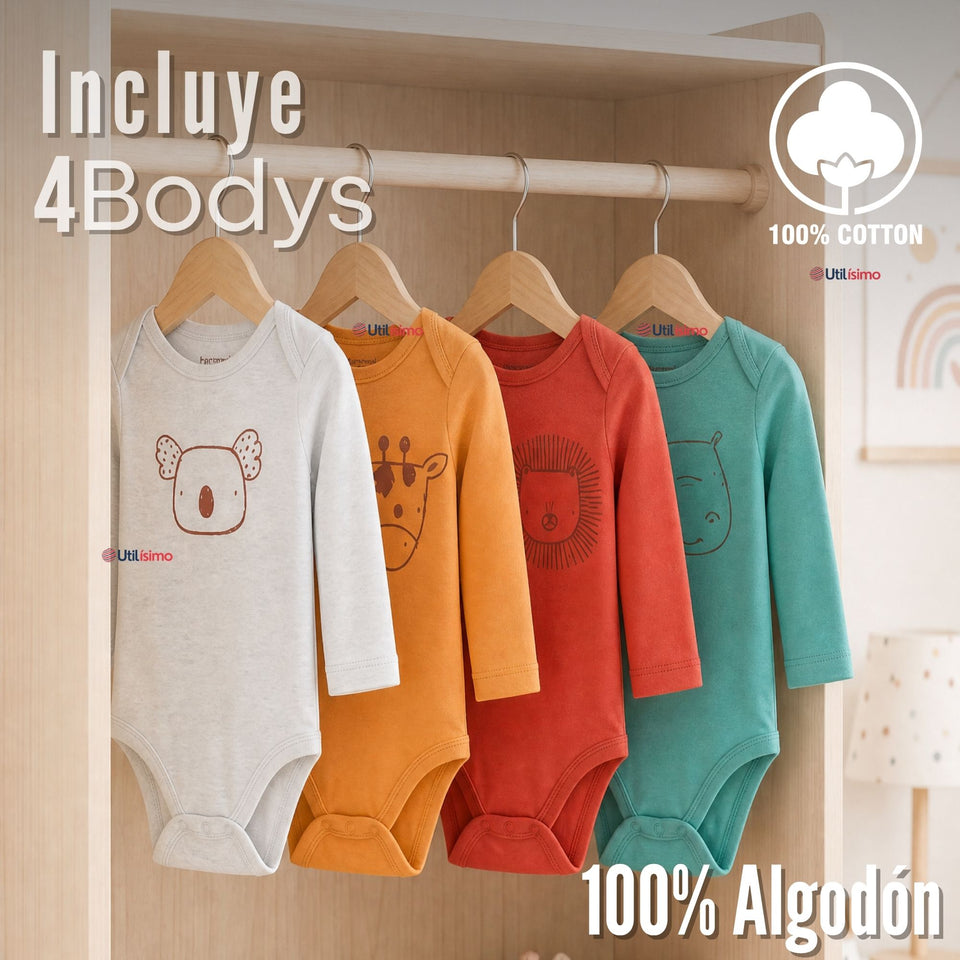 Pack 4 Bodys Manga Larga 100% Algodón Tedmimak Sweet Nature Bebé Niño