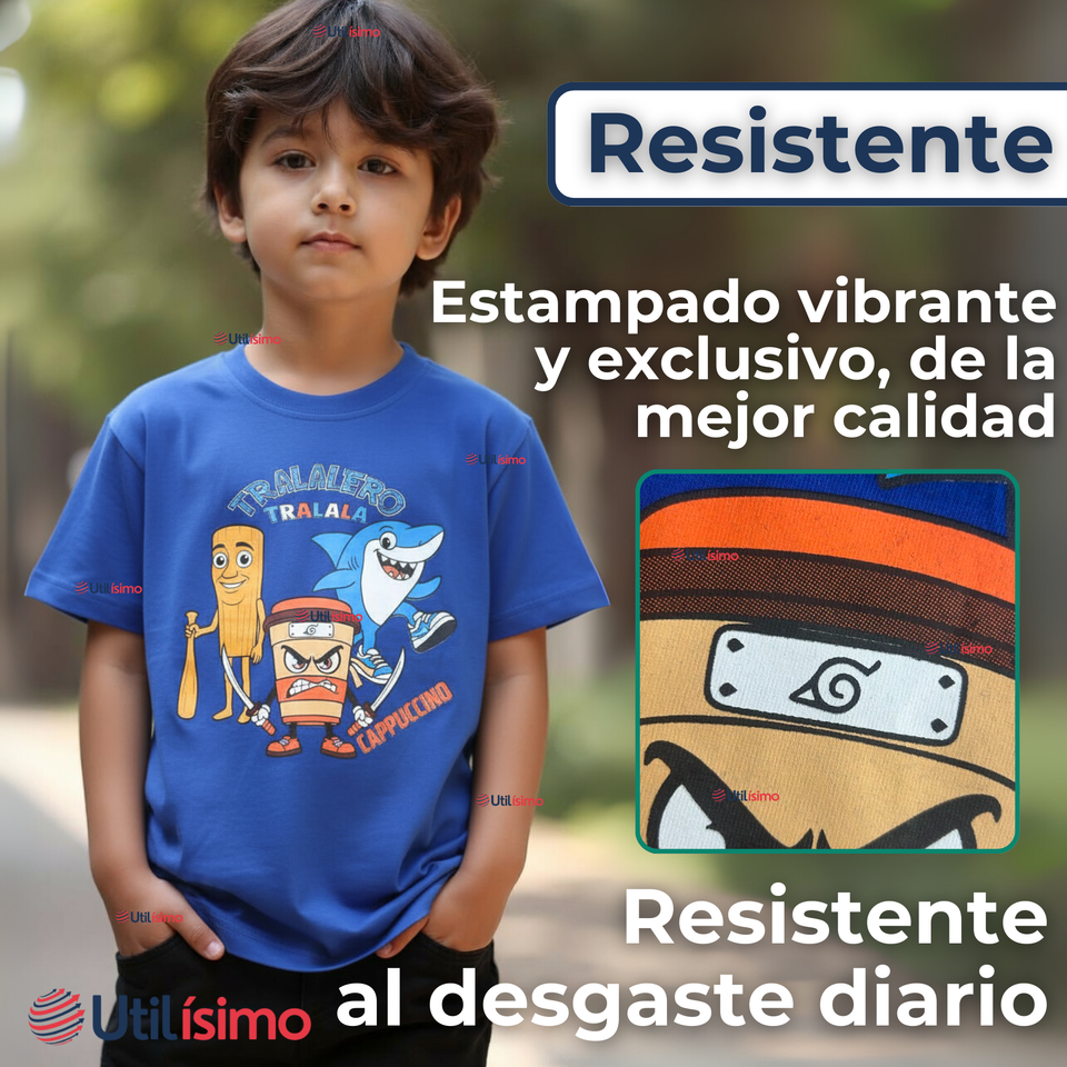 Polera Brainrots 100% Algodón Manga Corta Niño Tralalero Azul