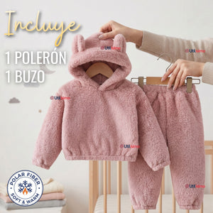 Buzo Polerón Conjunto Polar Niña Capucha Orejitas Rosa
