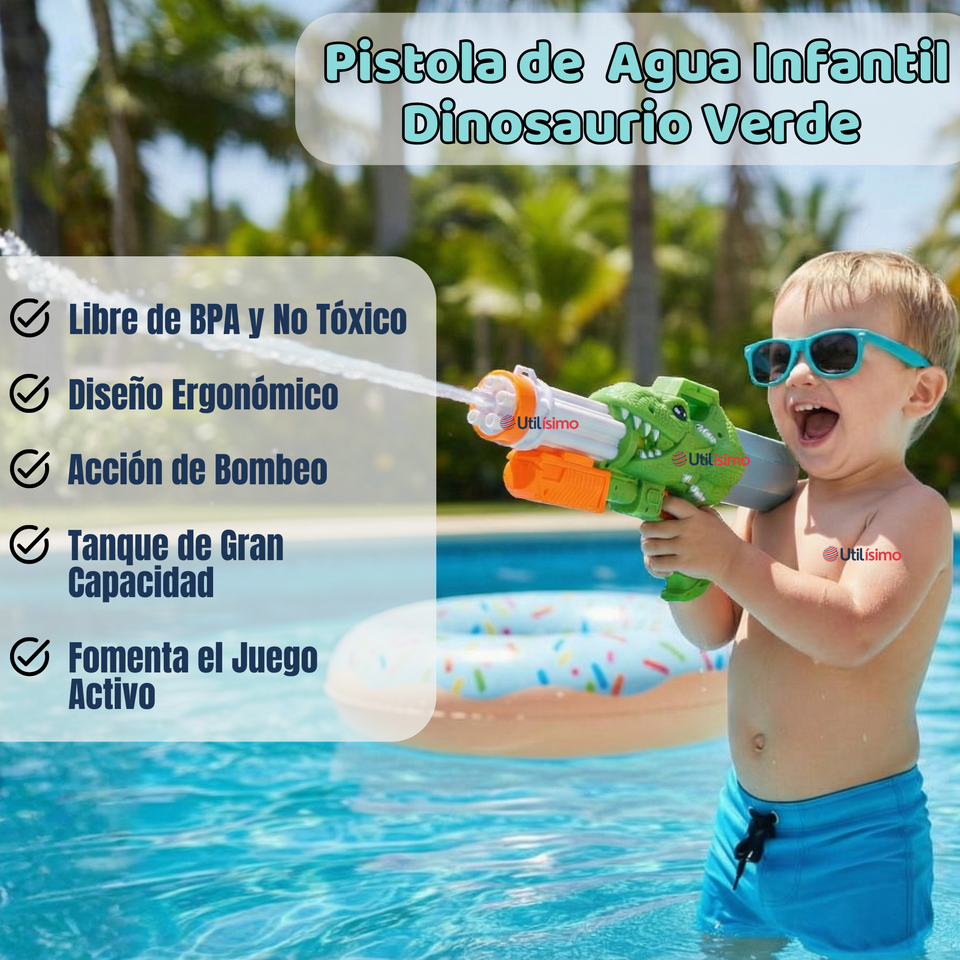 Pistola Lanza Agua Dinosaurio Color Verde Juguete 40cm Niño