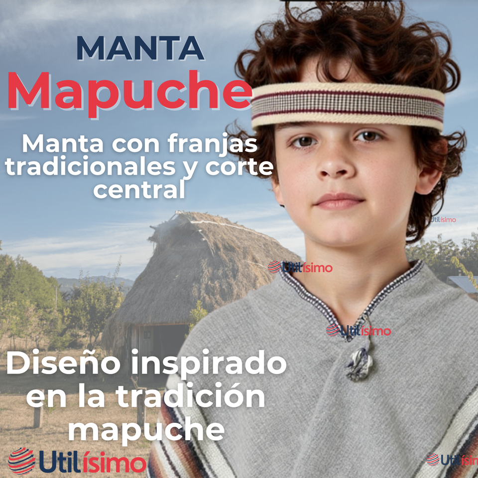Set Poncho Manta Mapuche LANA GRUESO 114x56cm +TRARILONCO CINTILLO MAPUCHE 87C M Fiestas Patrias