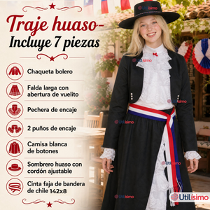 Traje Huasa Elegante Negro Juvenil Conjunto 7 Piezas Típico Fiestas Patrias