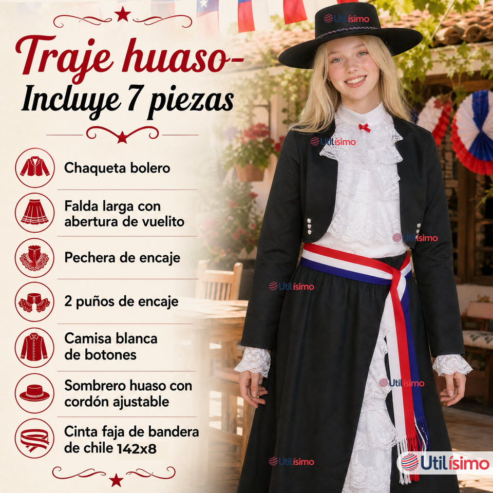 Traje Huasa Elegante Negro Juvenil Conjunto 7 Piezas Tipico Fiestas Patrias