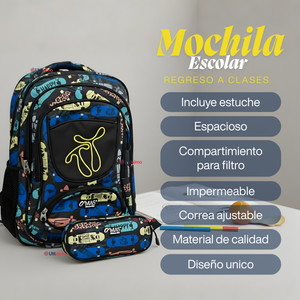 Mochila Escolar Bolso Con Estuche 43Cm Tela Oxford Niño Happy Skate