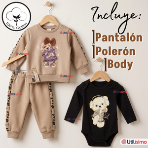 Conjunto 3 Piezas Buzo Pantalón Polerón Body De Algodón Beige Bebé Niña