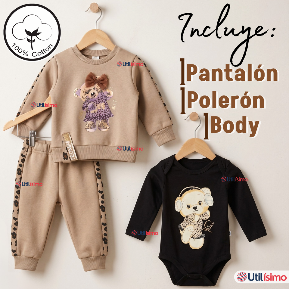 Conjunto 3 Piezas Buzo Pantalón Polerón Body De Algodón Beige Bebé Niña