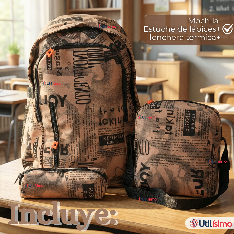Mochila Escolar + Estuche + Lonchera 49cm Tela Oxford Cafe Claro Niño