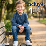 Polera Camiseta Bambú Azul Claro Cuello Redondo Primera Capa Manga Larga Niño
