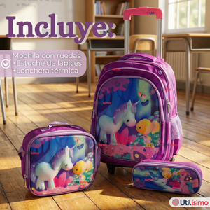 Mochila Escolar Con Ruedas + Estuche + Lonchera 46cm Desmontable Poliéster Morado Unicornio Niña
