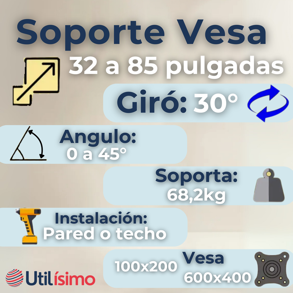 Soporte TV Pared Techo Ajustable 68Kg 32 a 85 Pulgadas 32 40 43 50 55 60 65 70 75 77 80 82 85