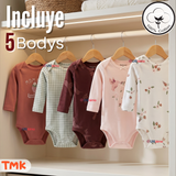 Pack 5 Bodys Manga Larga 100% Algodón Tedmimak Sweet Nature Bebé Niña