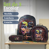 Mochila Escolar Bolso Con Efecto 3D Estuche + Lonchera 40Cm Tela Oxford Niño Dark Dinosaur