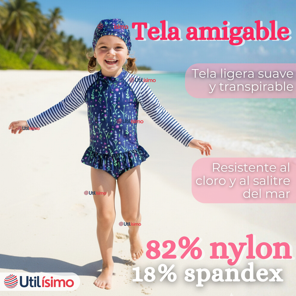 Traje de Baño Enterito Cremallera Manga Larga Con Gorro Niña 1 a 8 años Blue Flowers