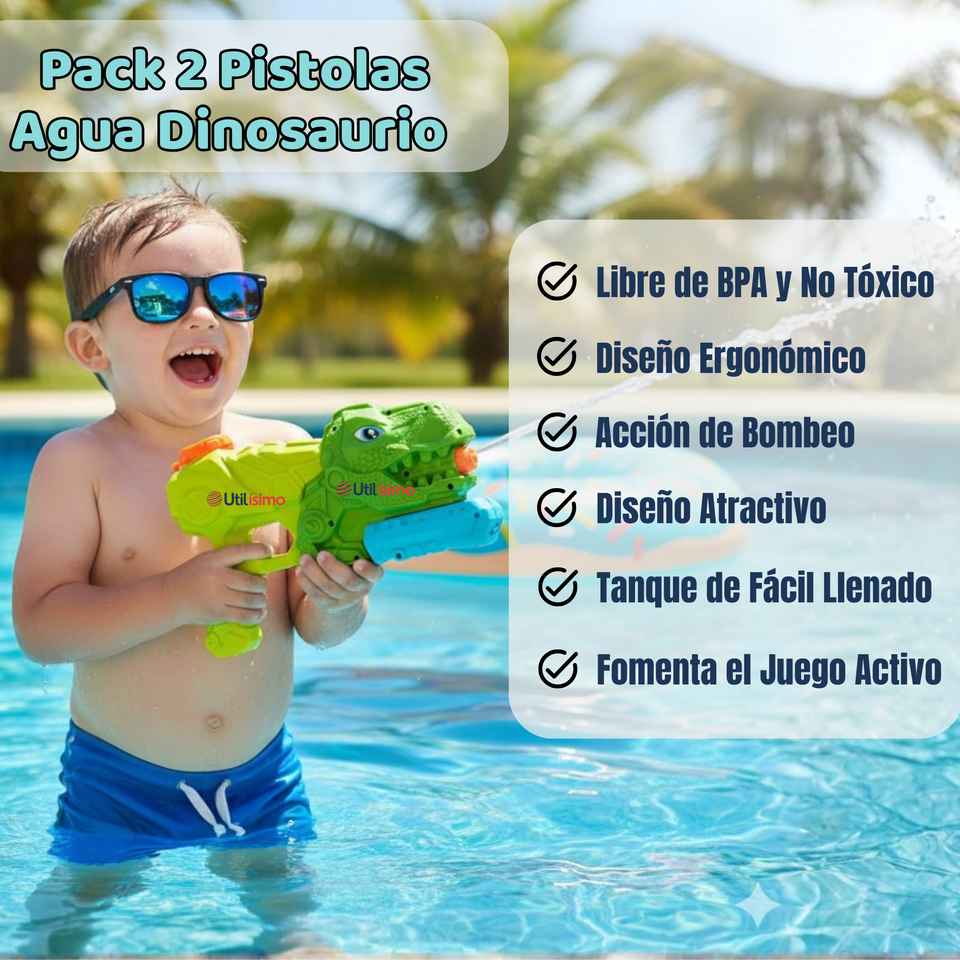 Pack 2 Pistolas Lanza Agua Dinosaurio Color Verde Juguete 30cm Niño